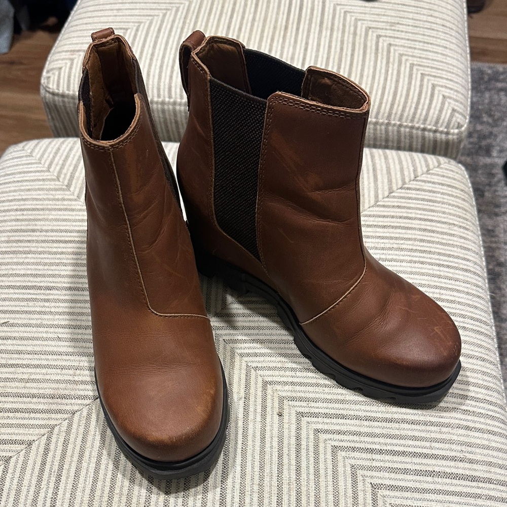 Women's Brown Chelsea Booties with Low Wedge Heel